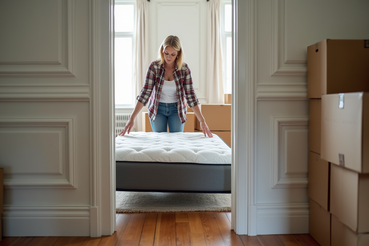 Femme en jeans déplaçant un sommier dans un appartement
