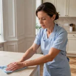 Femme de ménage professionnelle nettoyant le plan de travail d'une cuisine moderne dans un appartement à Clamart