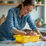 Femme nettoyant un objet en plastique jaune dans la cuisine