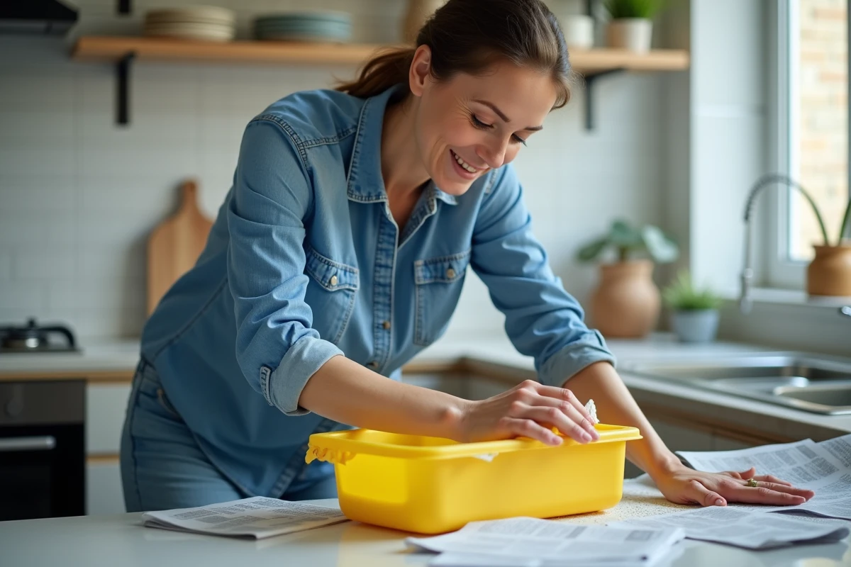 Femme nettoyant un objet en plastique jaune dans la cuisine