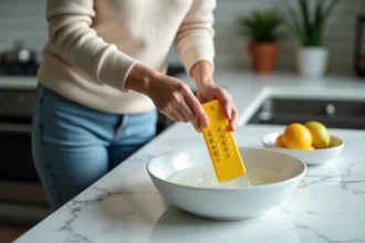 Femme nettoyant un remontoir en plastique dans l'évier
