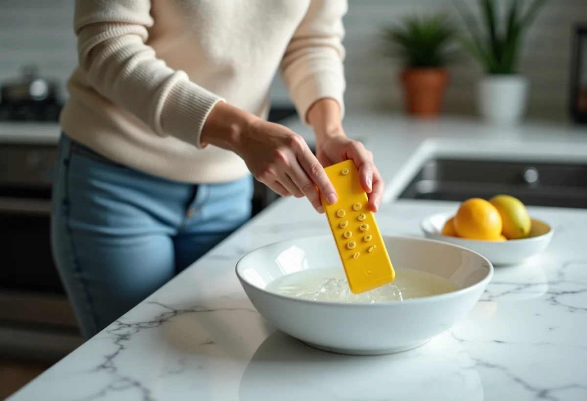 Femme nettoyant un remontoir en plastique dans l'évier