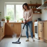 Femme utilisant un nettoyeur vapeur sur un sol de cuisine