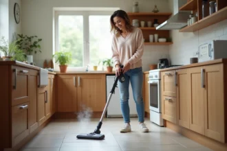 Femme utilisant un nettoyeur vapeur sur un sol de cuisine