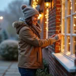 Femme souriante accrochant des lumieres de Noel à une fenêtre extérieure