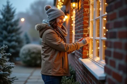 Femme souriante accrochant des lumieres de Noel à une fenêtre extérieure