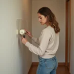 Femme peignant un couloir étroit avec un rouleau