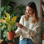Jeune femme touchant une plante jaunie dans un salon cosy