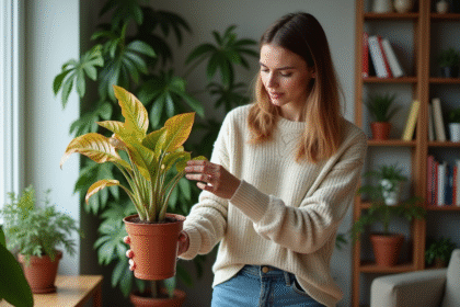 Jeune femme touchant une plante jaunie dans un salon cosy