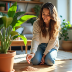 Femme souriante appliquant de l'engrais à une plante verte