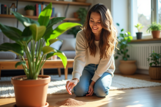 Femme souriante appliquant de l'engrais à une plante verte