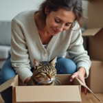 Femme rassurante avec chat dans une boîte en mouvement