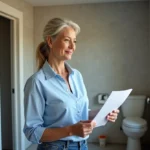Femme d'âge moyen examine un devis dans une salle de bains en rénovation