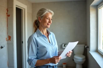 Femme d'âge moyen examine un devis dans une salle de bains en rénovation