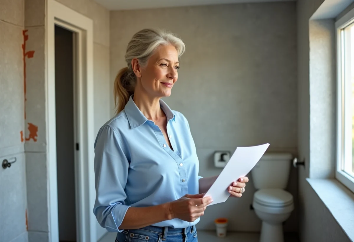 Femme d'âge moyen examine un devis dans une salle de bains en rénovation