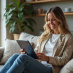 Femme souriante utilisant une tablette dans un salon moderne