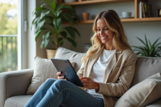 Femme souriante utilisant une tablette dans un salon moderne