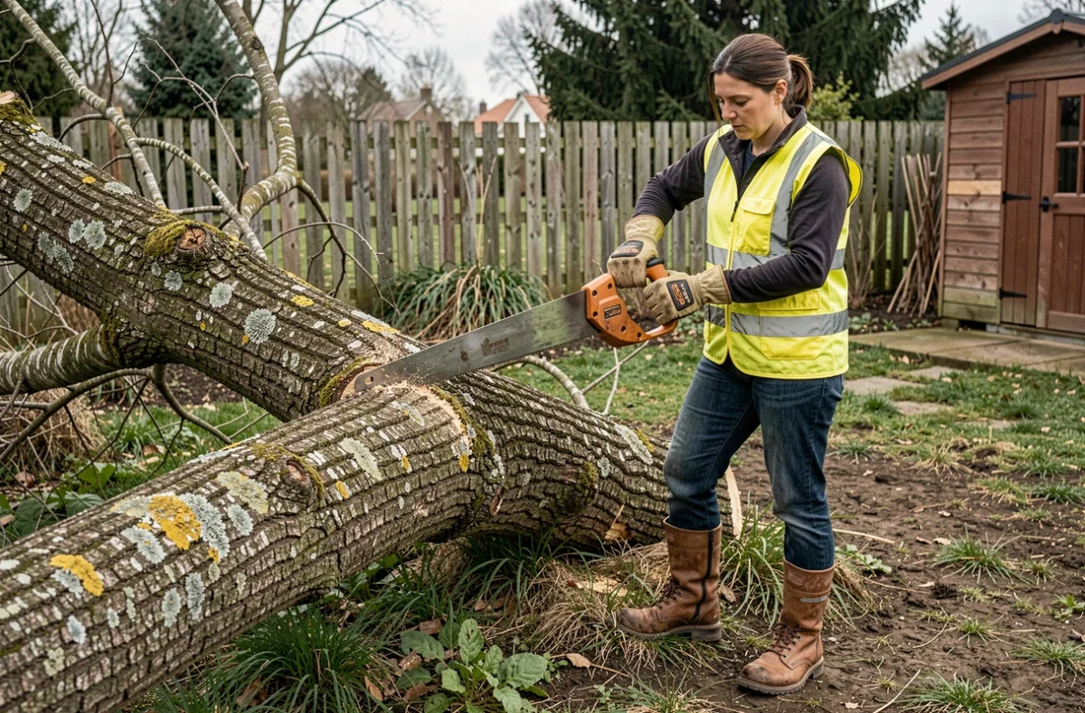 Une femme en gilet de sécurité utilise une scie à main pour couper les branches d'un arbre tombé dans un jardin