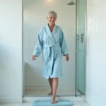 Femme senior souriante sortant de la douche dans la salle de bain