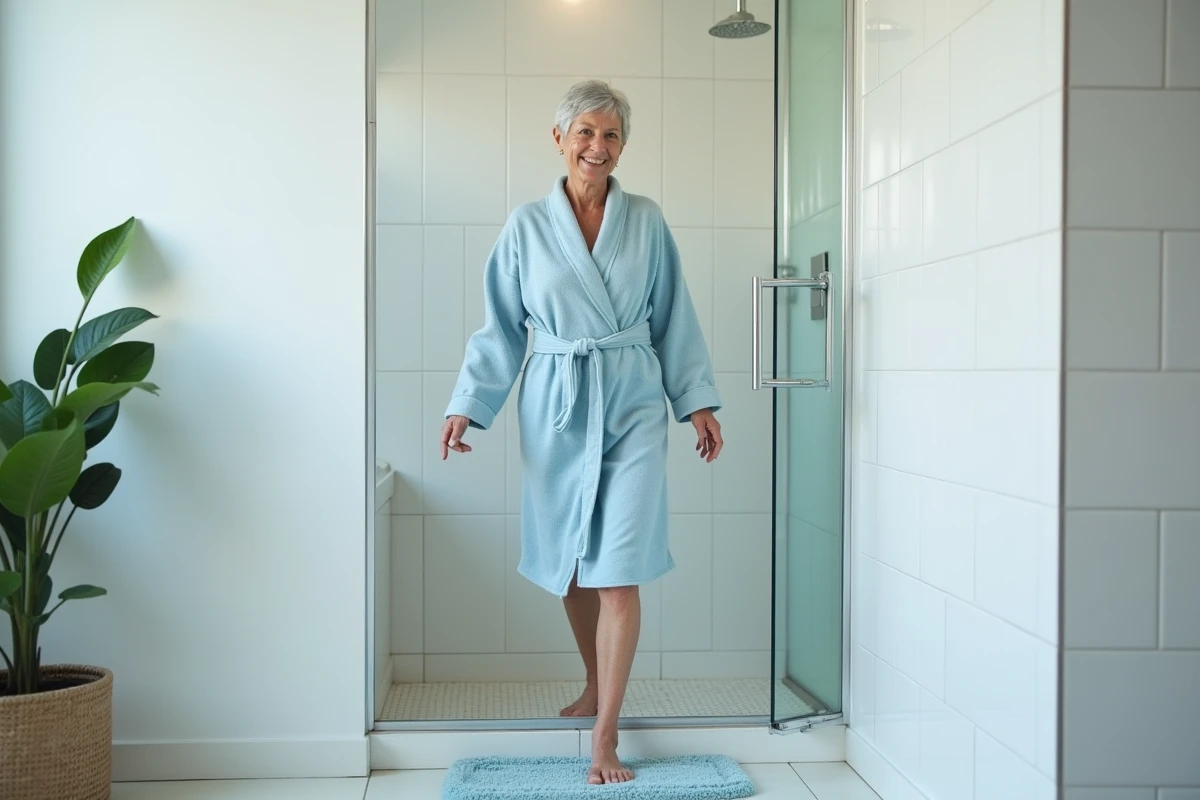 Femme senior souriante sortant de la douche dans la salle de bain