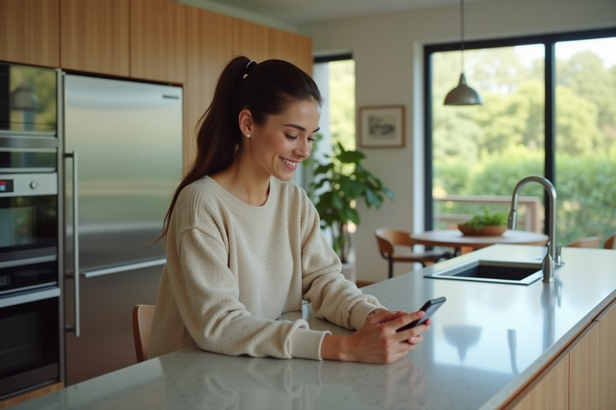 Jeune femme ajustant les réglages de la maison avec son smartphone