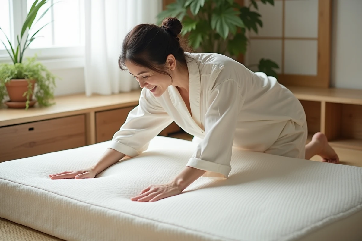 Femme en pyjama vérifiant la texture d’un matelas latex japonais