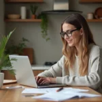 Jeune femme au travail sur ordinateur dans un appartement moderne