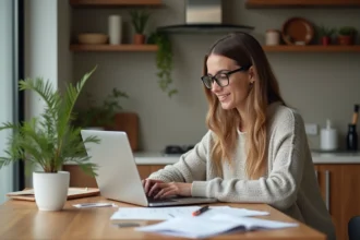 Jeune femme au travail sur ordinateur dans un appartement moderne