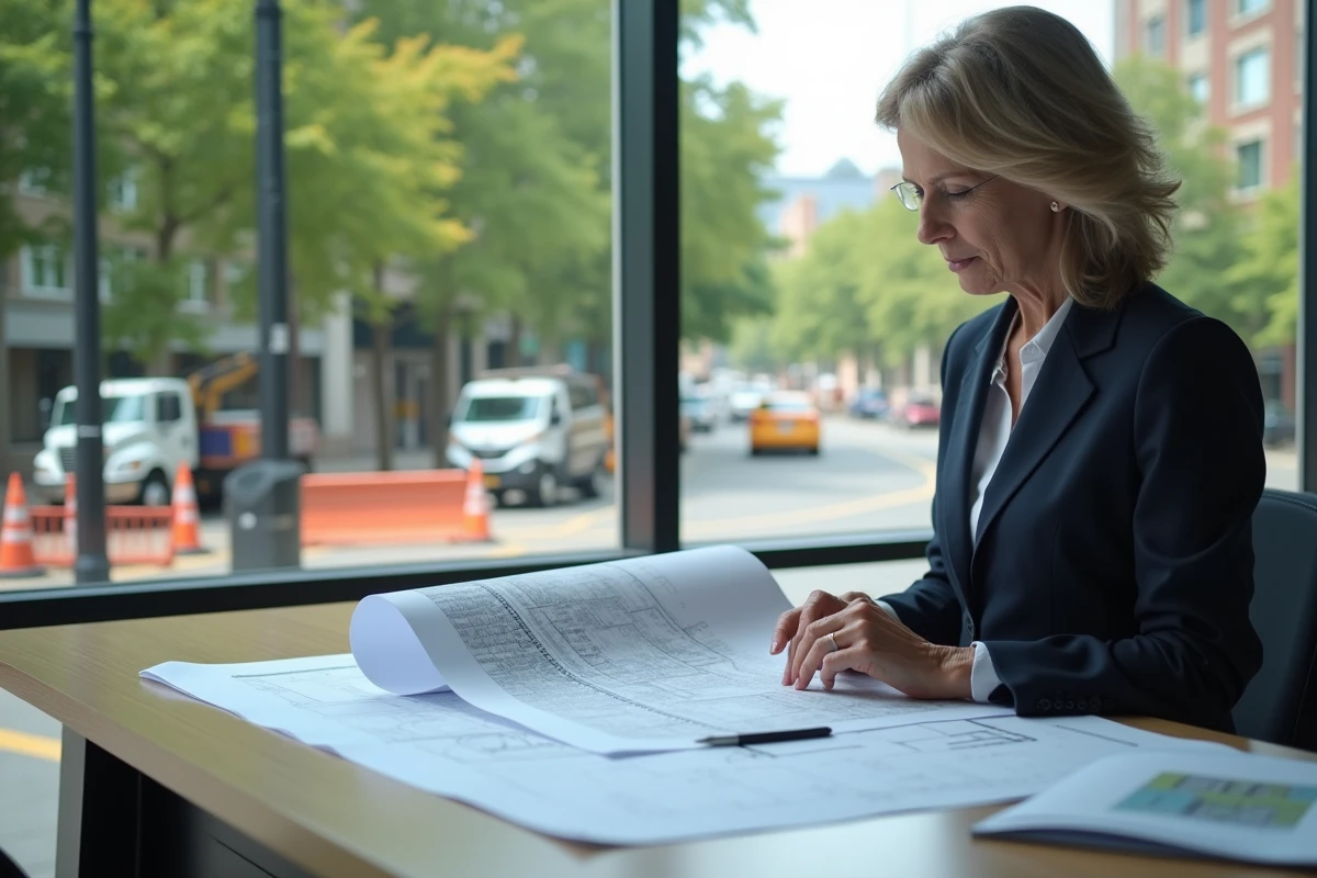 Femme professionnelle examinant plans d