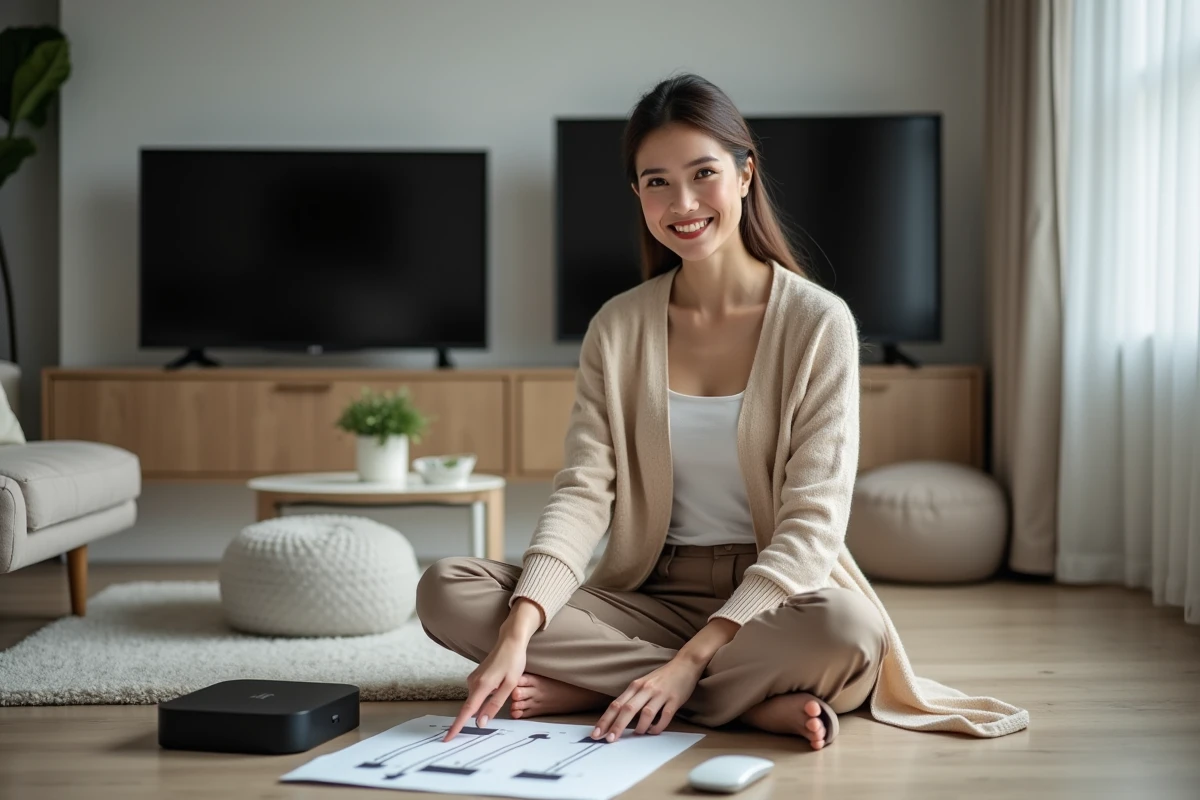 Femme vérifiant les câbles TV dans un appartement moderne