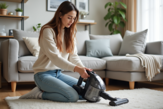 Femme examinant un aspirateur sans sac dans un salon moderne