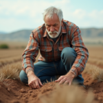 Fermier âgé examinant un sol sec et craquelé dans un champ aride