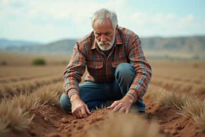 Fermier âgé examinant un sol sec et craquelé dans un champ aride