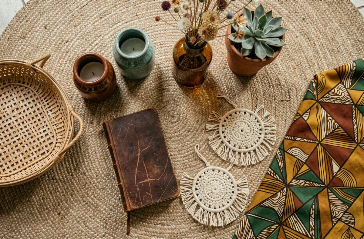Flat lay d'accessoires décoratifs bohème années 70 avec céramiques rustiques, vase en verre ambré et cotons macramé sur tapis jute