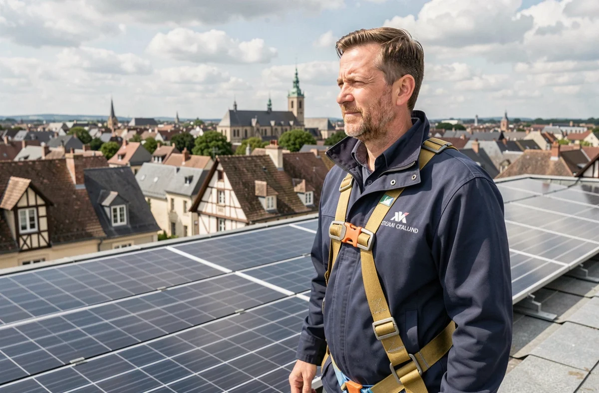 Technicien FreXolaire sur un toit avec panneaux photovoltaïques installés, avec les toits caractéristiques de Dijon en arrière-plan
