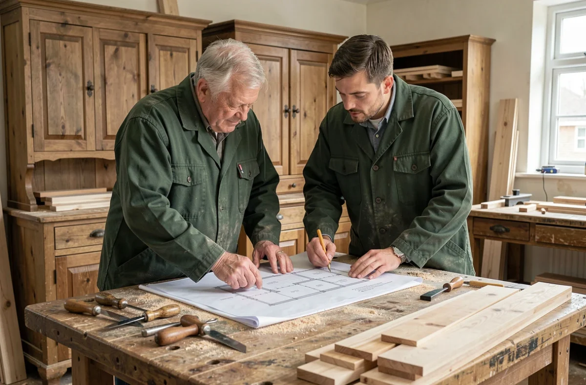Duo père et fils de G. Jullien Et Fils examinant des plans de menuiserie dans leur atelier traditionnel