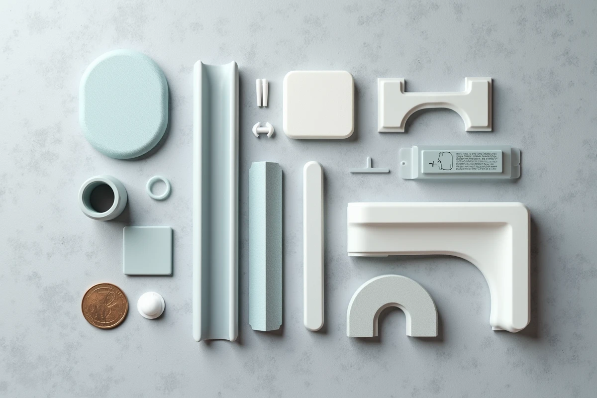 Assortiment de protège-doigts anti-pincement pour portes à petit prix disposés sur fond béton gris