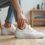 Jeune femme utilisant une gomme à nubuck pour nettoyer ses sneakers blanches sur un parquet en bois clair