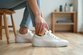 Jeune femme utilisant une gomme à nubuck pour nettoyer ses sneakers blanches sur un parquet en bois clair