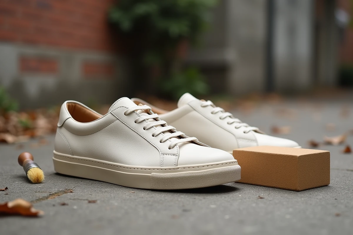 Gomme à nubuck et brosse posées à côté de sneakers blanches usées sur du béton gris en extérieur