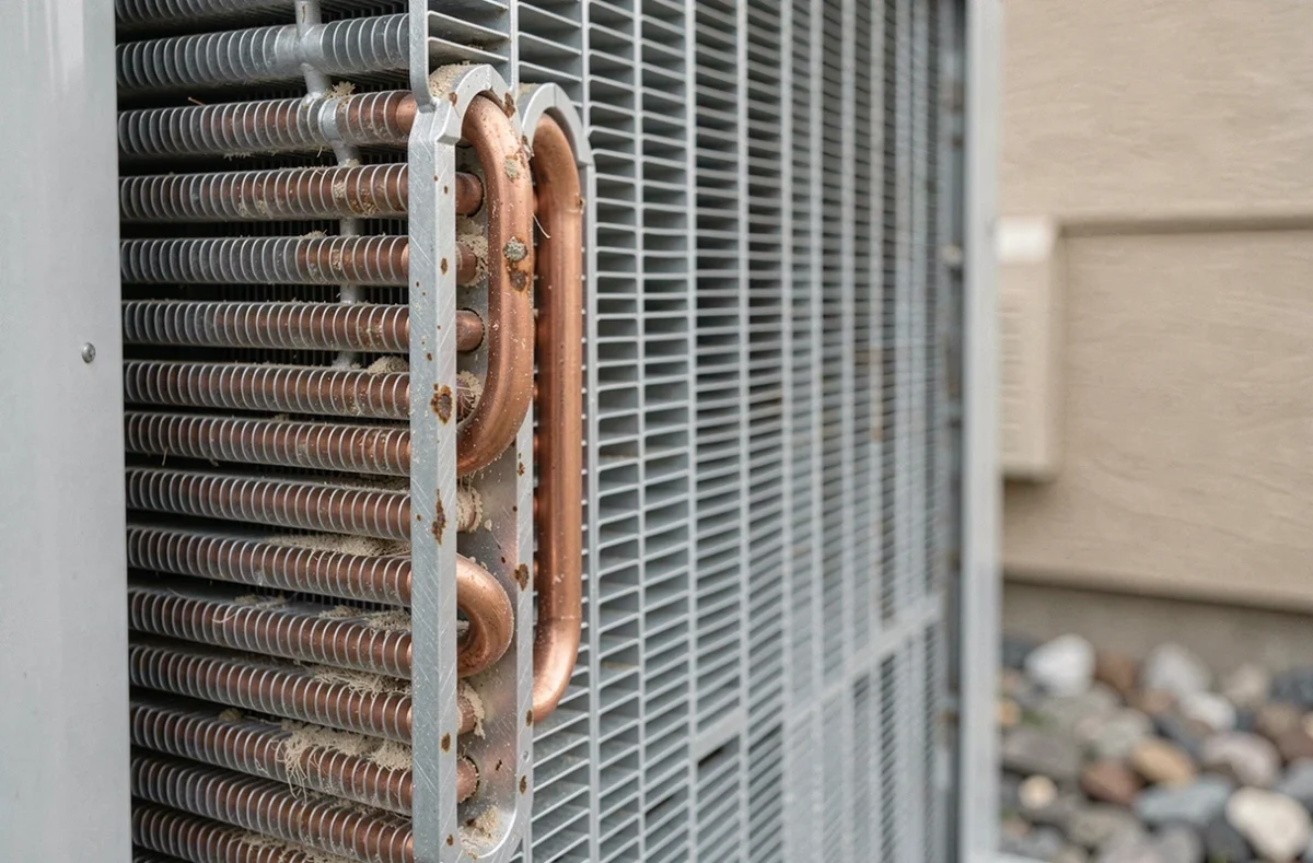 Gros plan sur les ailettes et tubes en cuivre de l'échangeur d'une pompe à chaleur montrant poussière et corrosion