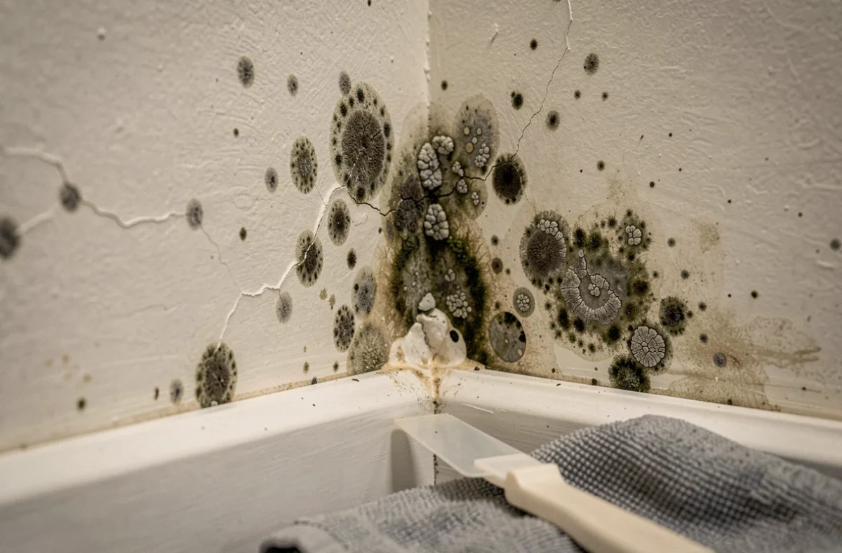 Gros plan d'une tache de champignon et moisissure dans un angle de mur intérieur avec peinture décollée et outils de nettoyage posés au sol