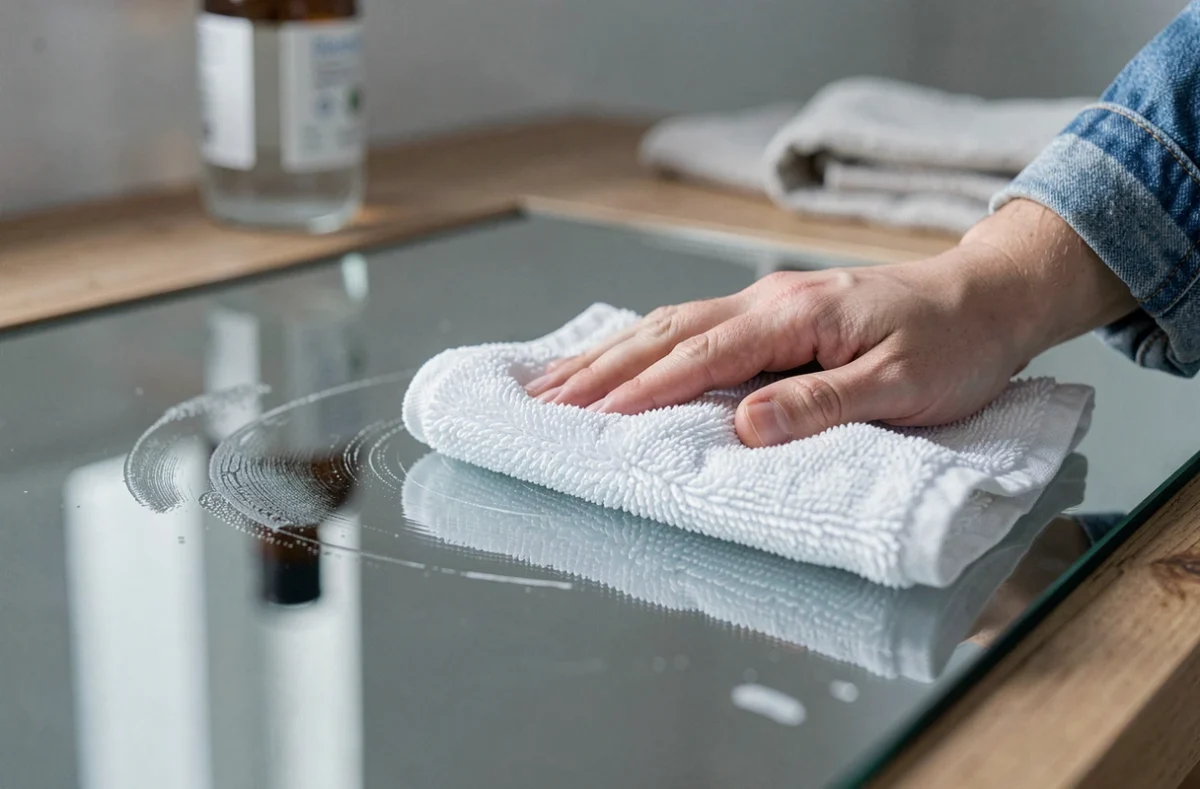 Gros plan d'un chiffon en microfibre essuyant un miroir sans laisser de traces avec du vinaigre blanc