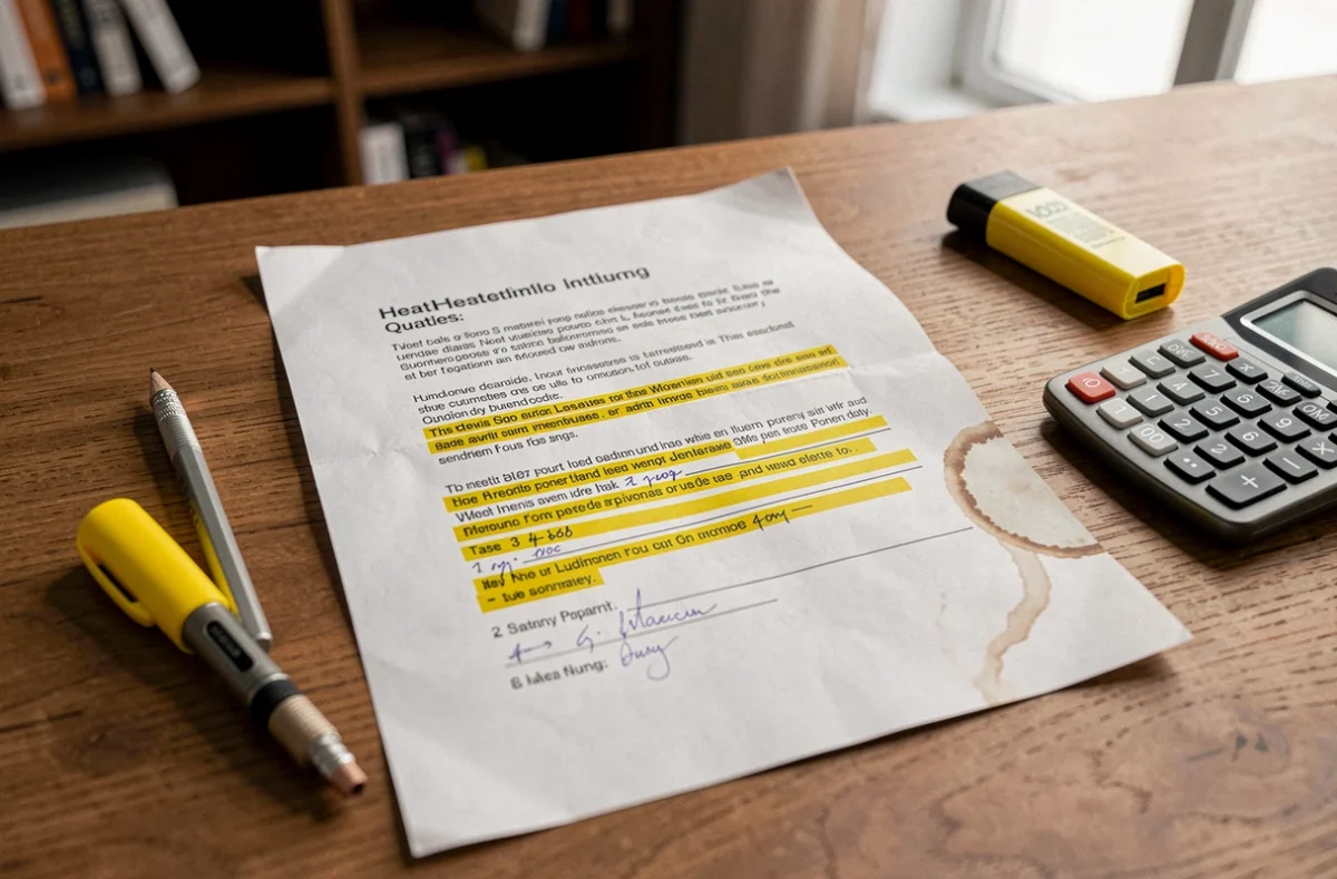 Gros plan d'un devis annoté pour l'installation d'une pompe à chaleur sur un bureau avec calculatrice et surligneur