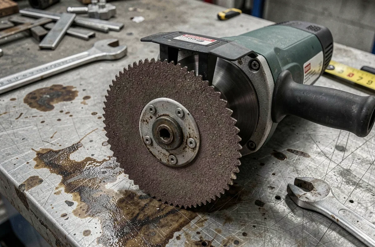 Gros plan sur un disque tronçonner métal monté sur une meuleuse avec réglage du protège-disque