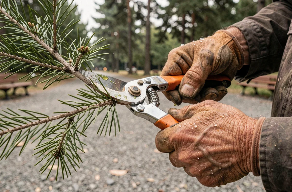 Gros plan sur les mains gantées d'un élagueur effectuant une coupe précise sur une branche de pin avec des sécateurs professionnels