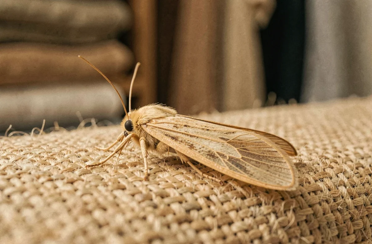 Gros plan réaliste d'un papillon de nuit des vêtements posé sur un tissu en toile de jute