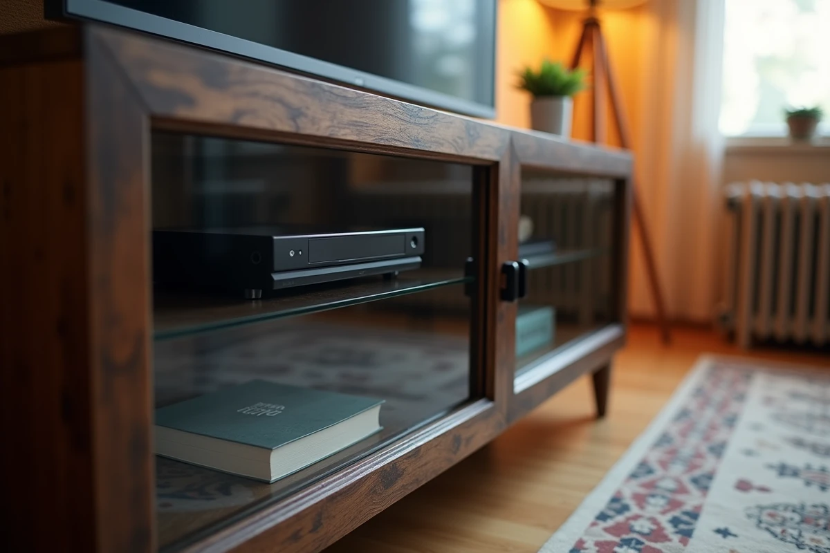 Gros plan sur les portes vitrées transparentes d'un meuble télé d'angle avec rangements intérieurs visibles
