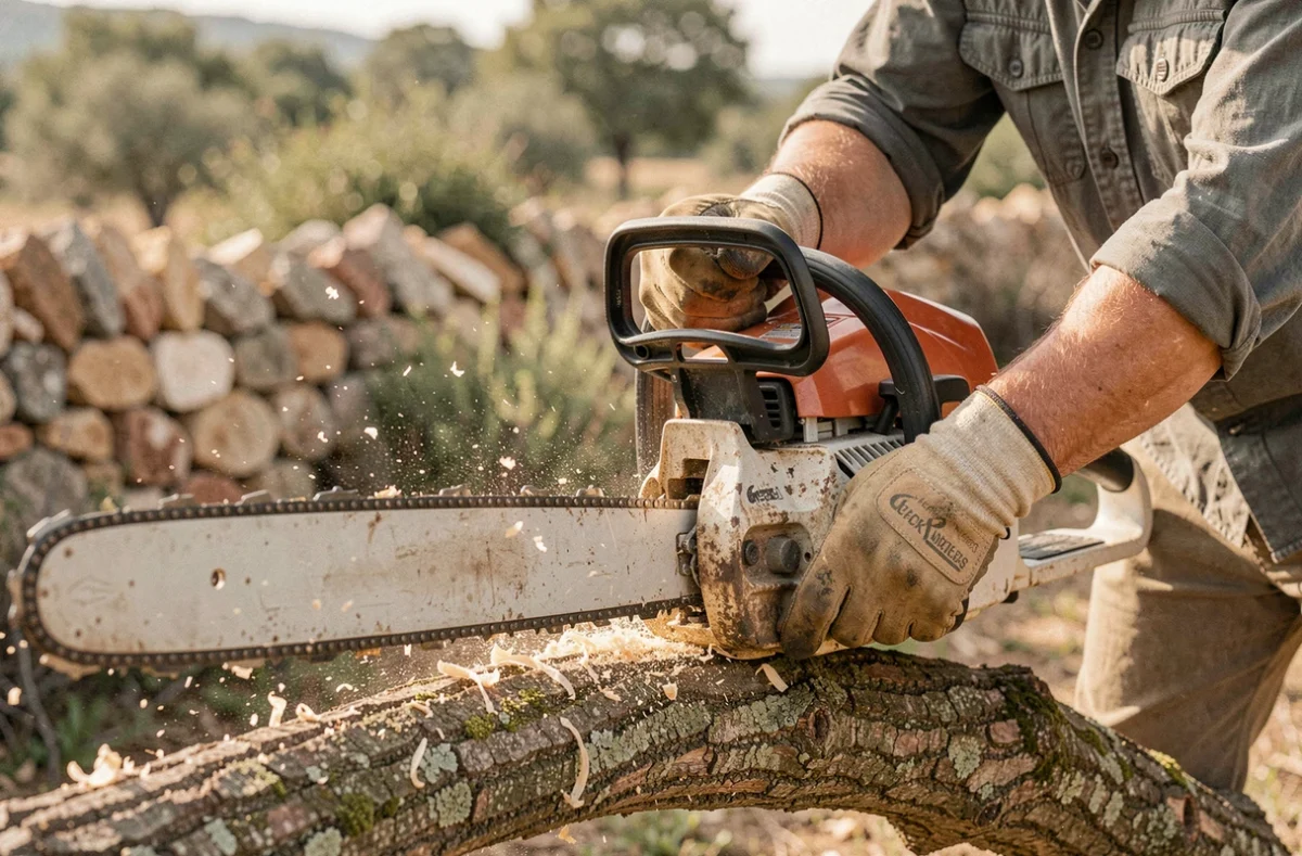 Gros plan sur les mains d'un élagueur utilisant une tronçonneuse sur une branche de chêne