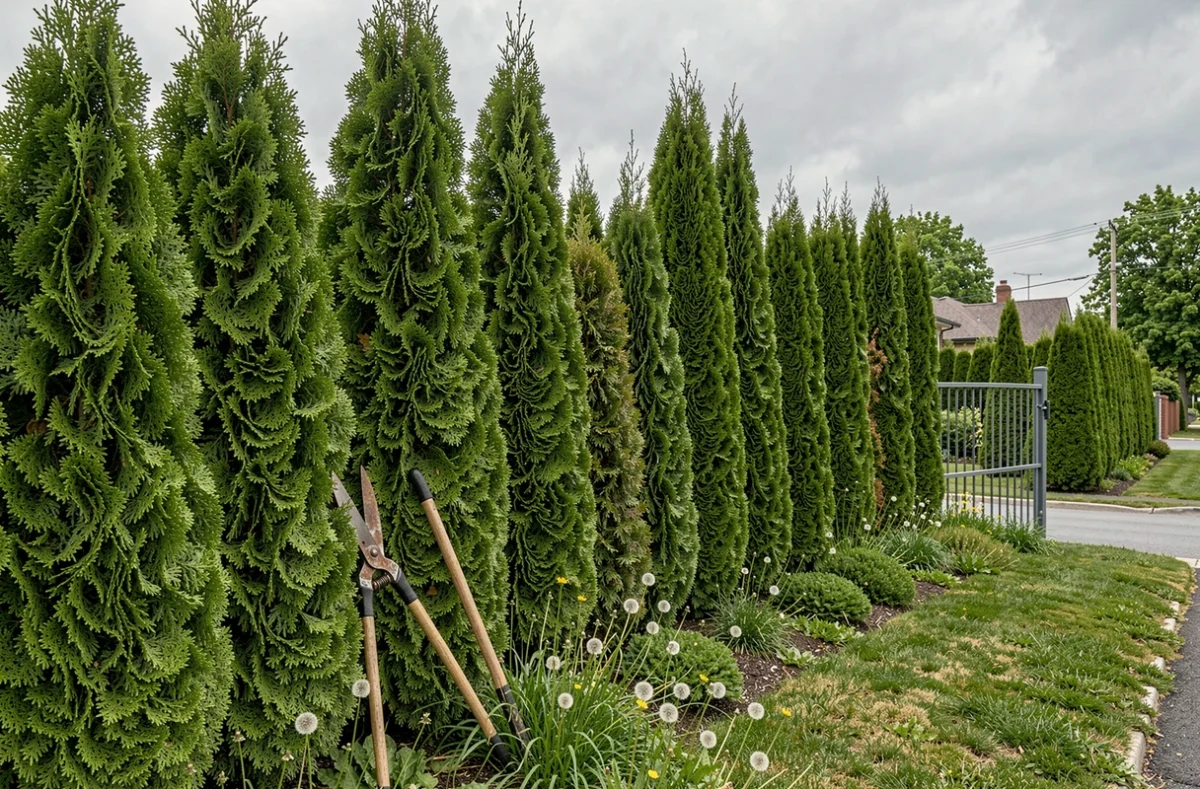 Haie de cyprès taillée en bordure de propriété avec cisaille posée au sol dans un jardin de banlieue